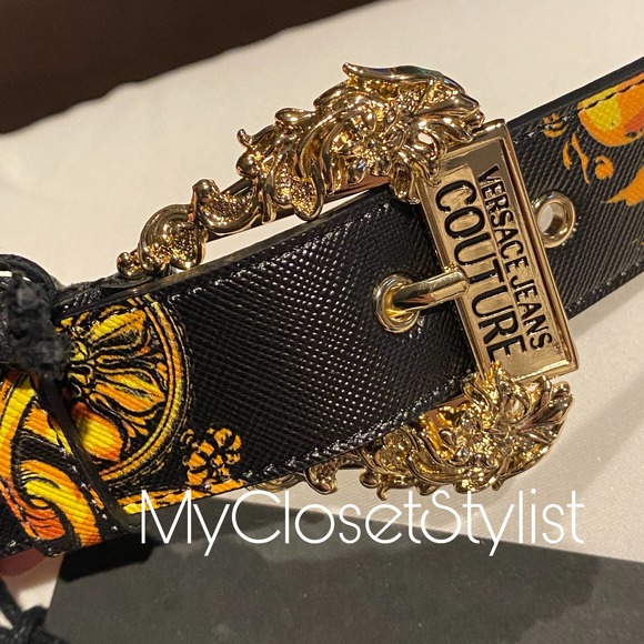 MENS VERSACE Gold Statement Leather Belt NWT Signature Pattern Italy 95 large 36 - Picture 2 of 5